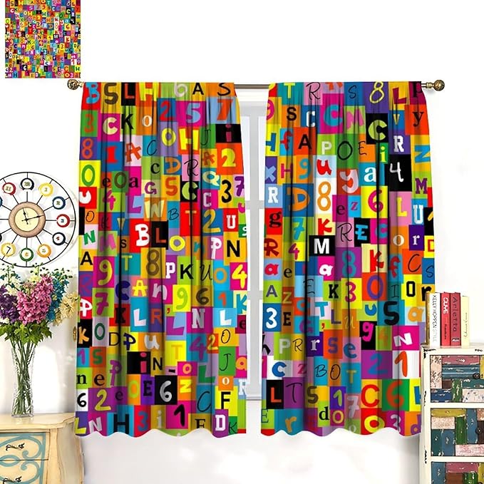 ABC Alphabet Curtains Colorful Art Patchwork Alphabet Graffiti Cartoon Print Curtain with Rod Pocket for Bedroom Living Room Home Decor Drapes Window Treatments 2 Panels Set 63" W X 72" L