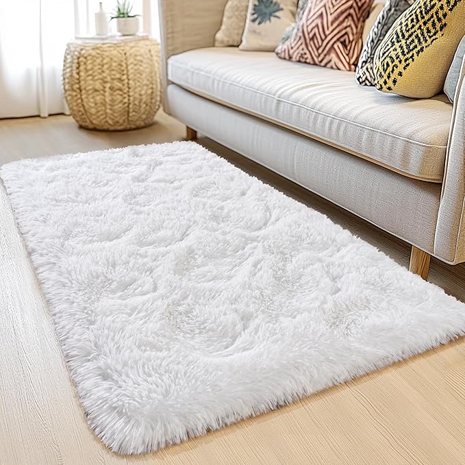 2x6 Fluffy Area Rug - Soft Shag Runner Rug for Bedroom - Non Slip Runner Living Room Rug Plush Carpet Runner White