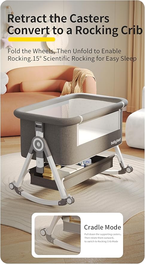 Baby Bassinet Bedside Bassinet for Baby 4 in 1 Portable Bassinet Bedside Sleeper with Wheels Mosquito Net & Storage Basket, 6 Height Adjustable Rocking Bassinet for Newborn Baby Crib