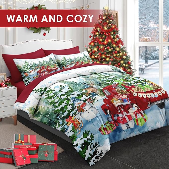 7 Pcs Queen Size Christmas Comforter Set with 2 Pillowcases & 2 Shams, Red Vintage Truck Snowman Bedding for Kids and Adults, Winter Snow Forest Elk Bed in a Bag with Flat Fitted Sheet
