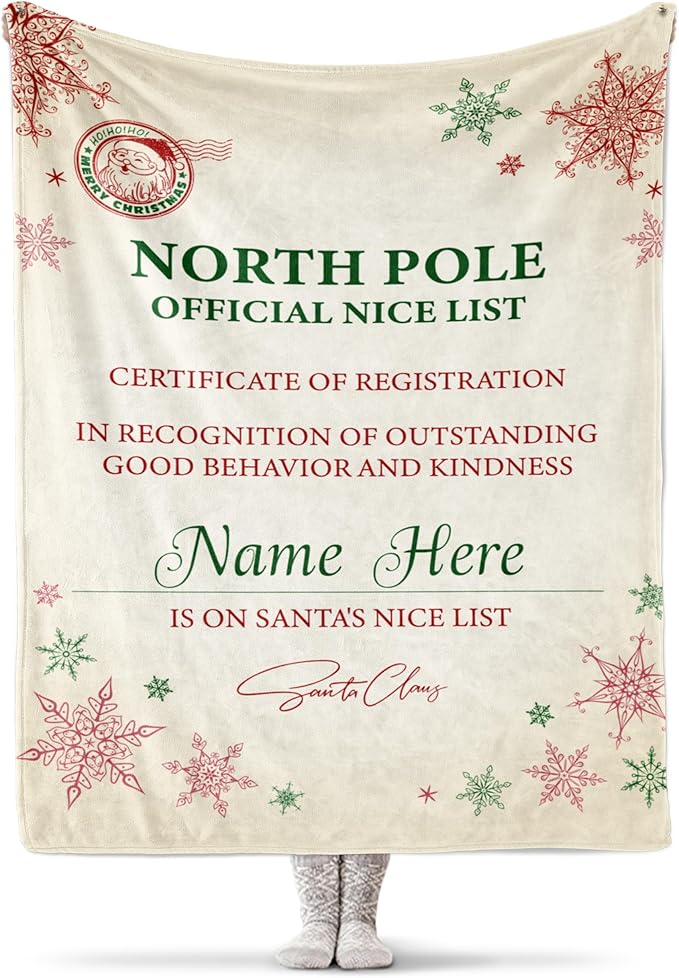 Custom Christmas Blanket, Santa’s Nice List - Ships Next Day, Printed in USA - Warm Fleece or Sherpa Sofa Throw, Cute Holiday Décor - Customizable Family Throws (Sherpa 60x80)