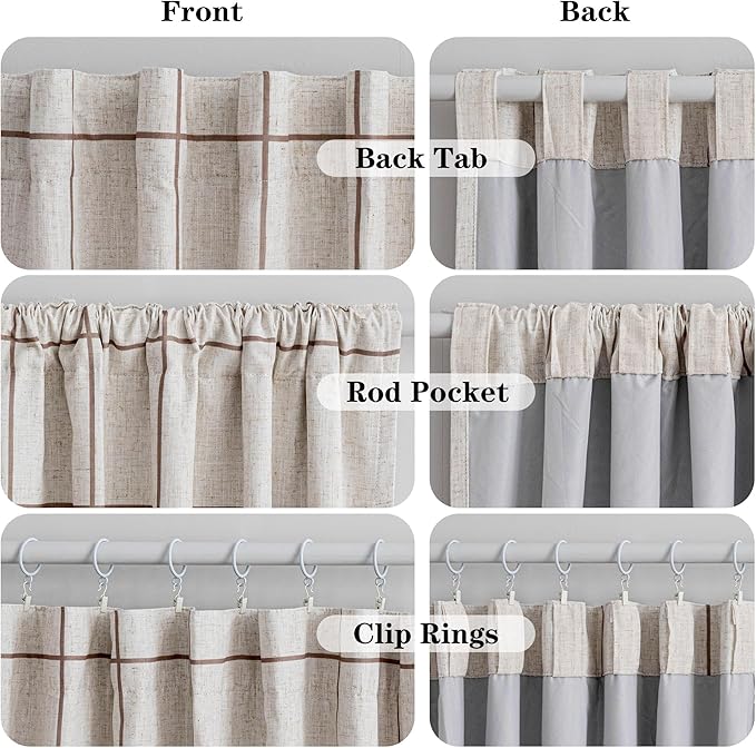 MYSKY HOME 100% Blackout Brown Plaid Farmhouse Linen Curtains 84 Inch Long 2 Panels Set Checkered Drapes Double Layer Thermal Insulated Privacy Protection Living Room Back Tab, 52" W Each Panel