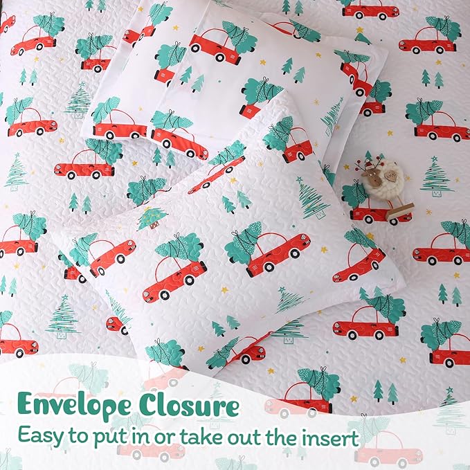 JSD 3 Pcs Kids Christmas Quilt Set Full/Queen, Red Truck Tree Christmas Theme Bedding, Soft Microfiber Bedspread Coverlet Holiday Quilted Blanket
