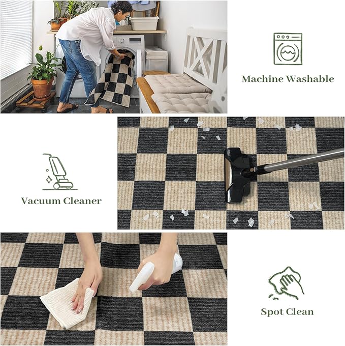 LIVEBOX 4x6 Washable Area Rug Checkered, Non-Slip Small Entryway Rug Black Farmhouse Neutral Classic Geometric Boys Rug for Bedroom Living Room Low-Pile Carpet for Indoor Kitchen Bathroom(Black 4'x6')