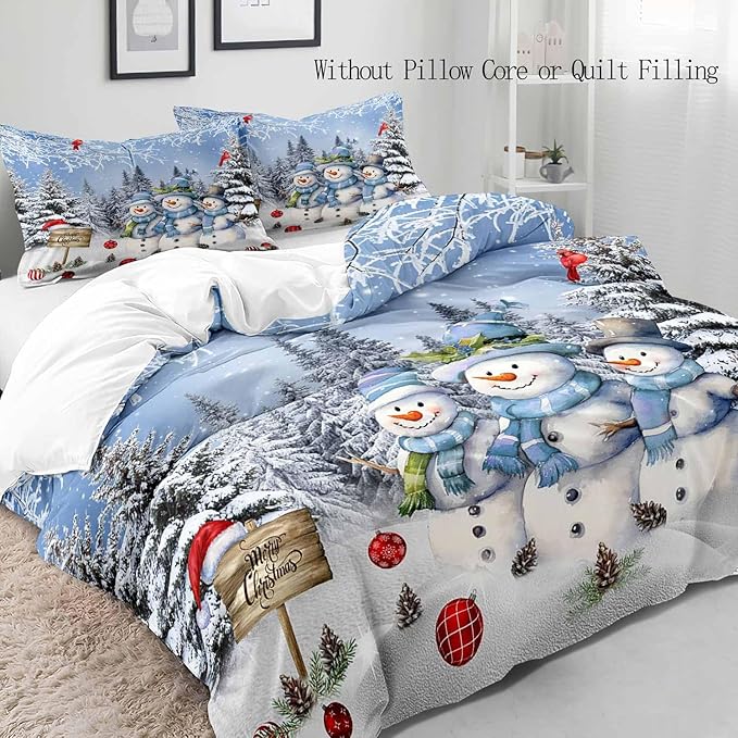 LUVIVIHOME 3PCS Snowman Duvet Cover King Bedding Set, Boys Girls Kids Bedding, Red Cardinal Bird Santa Hat Xmas Balls Christmas Tree Winter Holiday Light Blue Christmas Comforter Cover, 2 Pillow Cases