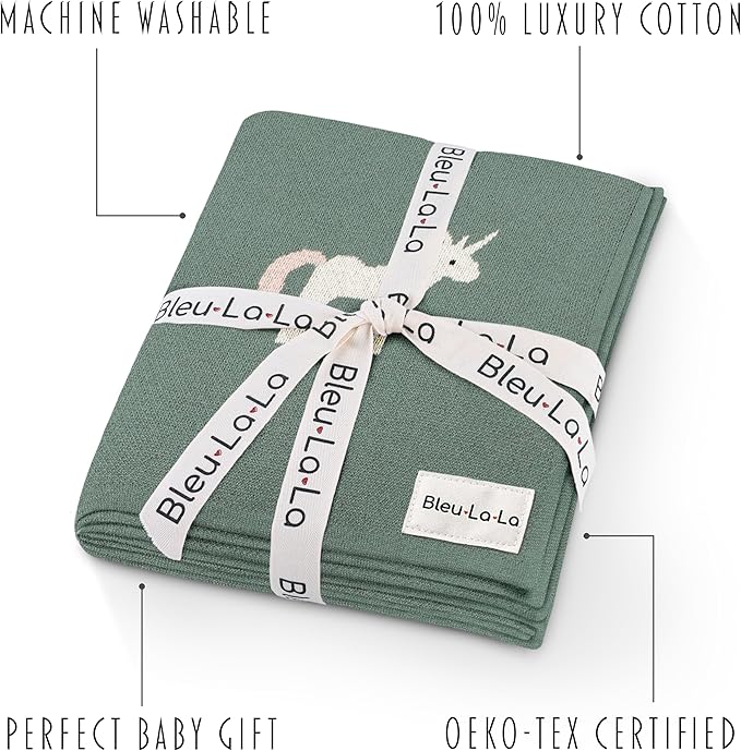Receiving Blanket for Baby Girls and Boys 100% Cotton Buttery Soft Cozy Receiving Swaddle Crib Stroller Blanket for Shower Gift Registry for Newborns, Infants, Toddlers (Unicorn - Sage)