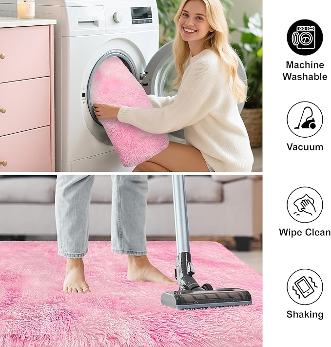 Fluffy Pink Rugs for Bedroom Girls, 5x8 Soft Fuzzy Area Rug Shag Carpet for Kids Room Playroom Nursery Living Room Dorm, Washable Plush Shaggy Rug Play Mat for Kids Baby Boys Teen