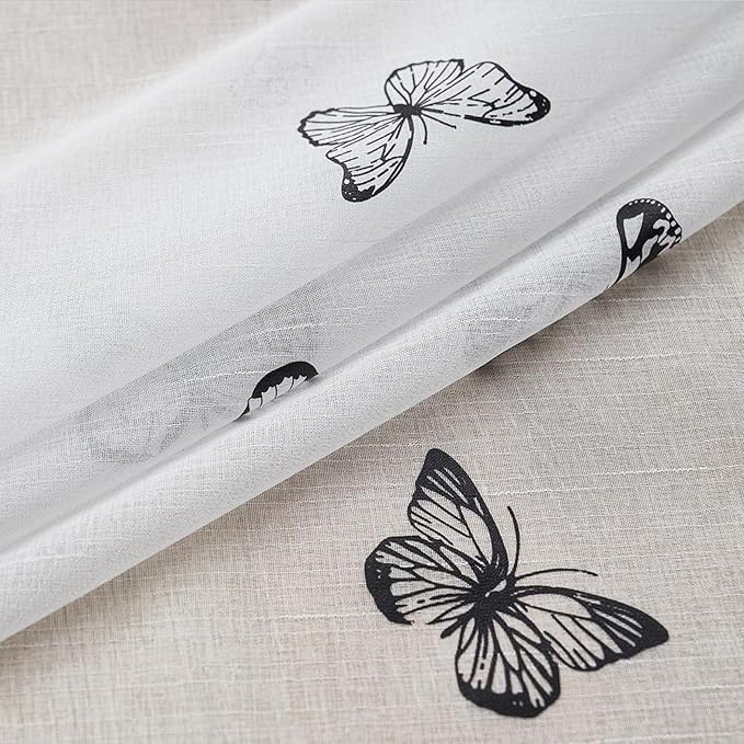 Jubilantex White Sheer Curtain Panels Black Butterfly Floral Pattern Design Drapes 63 Inches Long, Girls Kids Bedroom Textured Window Curtains Light Filtering Rod Pocket Top Drapery, Set of 2