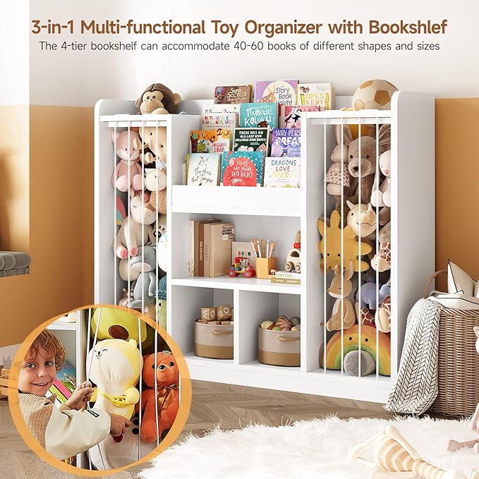 ONBRILL Two Wooden Stuffed Animal Storage, Toddler Toy Storage Organizer with 4-Tier Kids Bookshelf and 3 Open Cube Shlef, Multifunctional Bookcase for Kids Rooms Playroom Nursery (White)