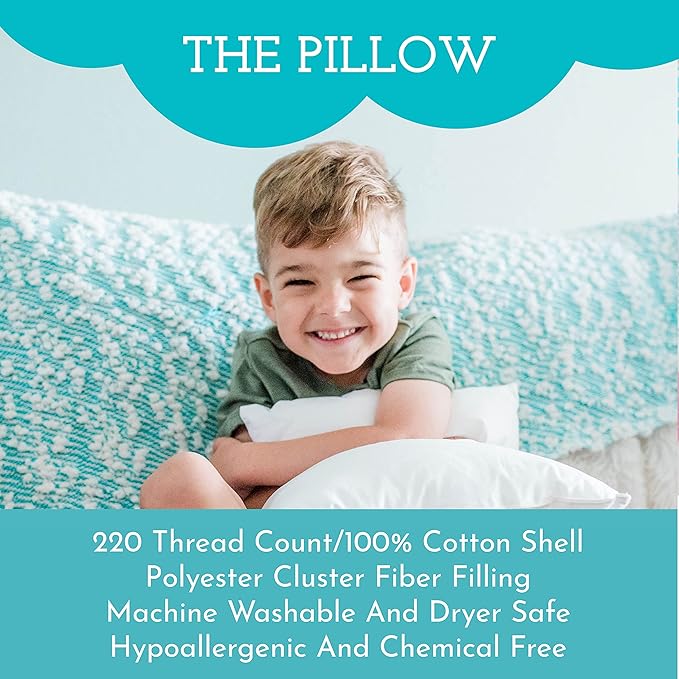 Little Sleepy Head Youth Pillow with Pillowcase 16x22, Soft Jumbo Toddler Pillow & Hypoallergenic Pillowcase - Best Kids Pillows for Sleeping, Perfect Kids Travel Pillow (Dinosaurs White)