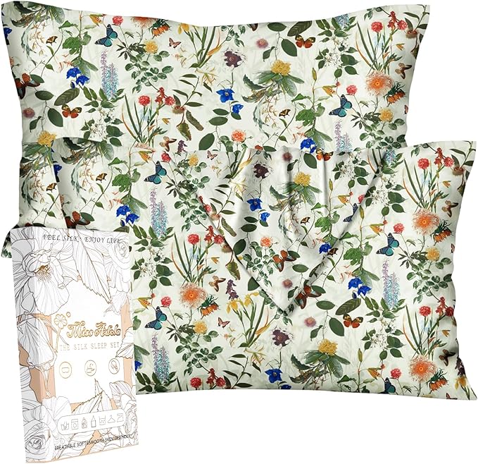 Silk Pillowcase 2 Pack - Pillow Cases 20" x 36" King Size Set of 2 for Hair and Skin Smooth Soft Breathable with Hidden Zipper Cooling Pillow Covers for Sleeping, Butterfly Plant
