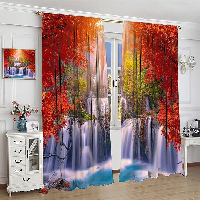 Forest Waterfall Blackout Windows Curtains, Autumn Red Green Maple Leaves Jungle Rainforest Natural Scenery Landscape Curtains, for Living Room Bedroom 84x84in 2 Panels