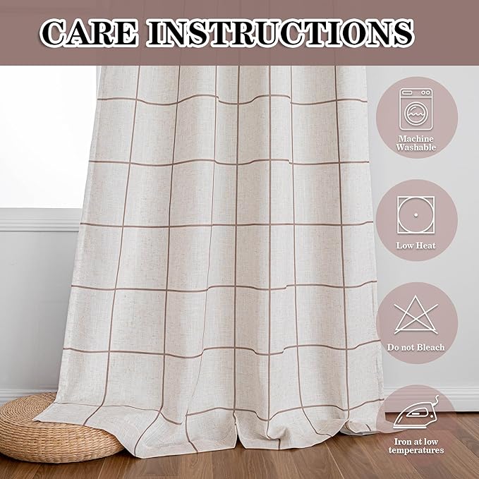 MYSKY HOME 100% Blackout Brown Plaid Farmhouse Linen Curtains 84 Inch Long 2 Panels Set Checkered Drapes Double Layer Thermal Insulated Privacy Protection Living Room Back Tab, 52" W Each Panel