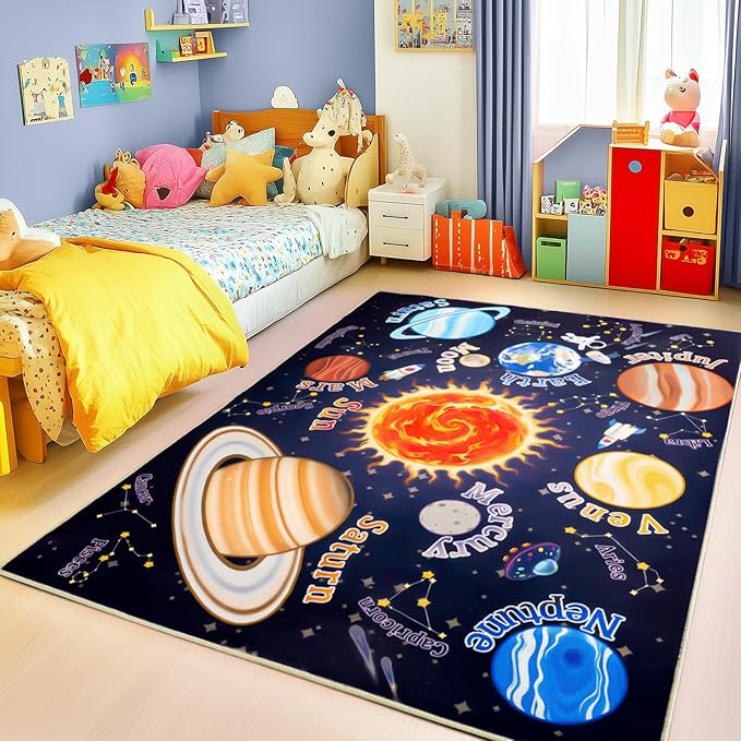 Kids Rugs for Playroom, 8x10 Feet Educational Rug for Learn The ABC Alphabet, Soft Machine Washable Non-Slip Cute Space Galaxy Carpet for Classroom Toddler Nursery Kids Room Decor Mat