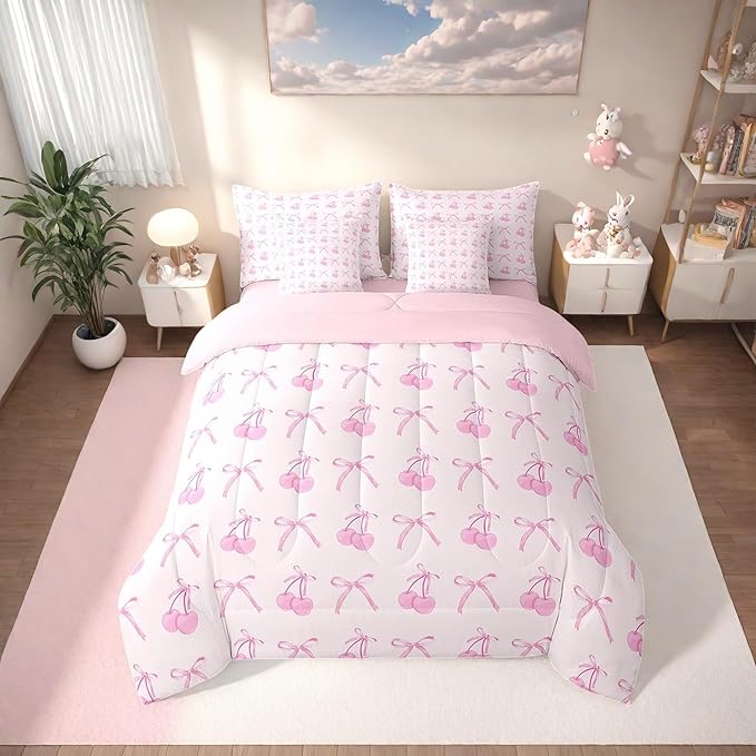 Manfei 7 Pieces Cartoon Bowknot Kids Comforter Set King,Pink Bow Tie Butterfly Knot Princess Bedding Set,Cherry Bow Patchwork Romantic（Comforter+Fitted+Flat Sheet+2 Pillowcases+2 Throw Pillow Covers）