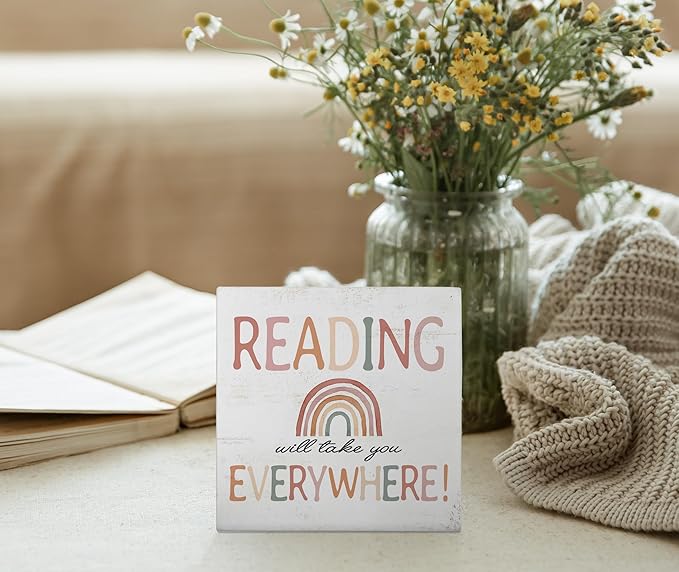Mtrgdn Reading Conner Decor for Classroom,Boho Rainbow Classroom Reading Nook Desk Decor,Reading Will Take You Everywhere Wood Box Sign for Homeschool Library Bookshelf Nursery Kids Reading Room,5x5 Inch