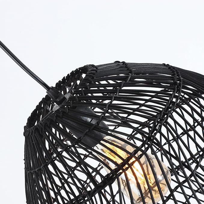 Bamboo Pendant Light Fixture Boho Style 1 Lights Rattan Pendant Lamp Woven Hanging Light for Kitchen Island Nursery in Black(17.7" W)