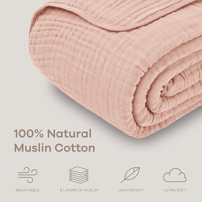 Comfy Cubs Muslin Blanket for Adults Twin 90" x 66" - 6 Layer Soft, Breathable & Lightweight Muslin Adult Blanket - Machine Washable & Designed in The US Bedding for All Seasons - Blush