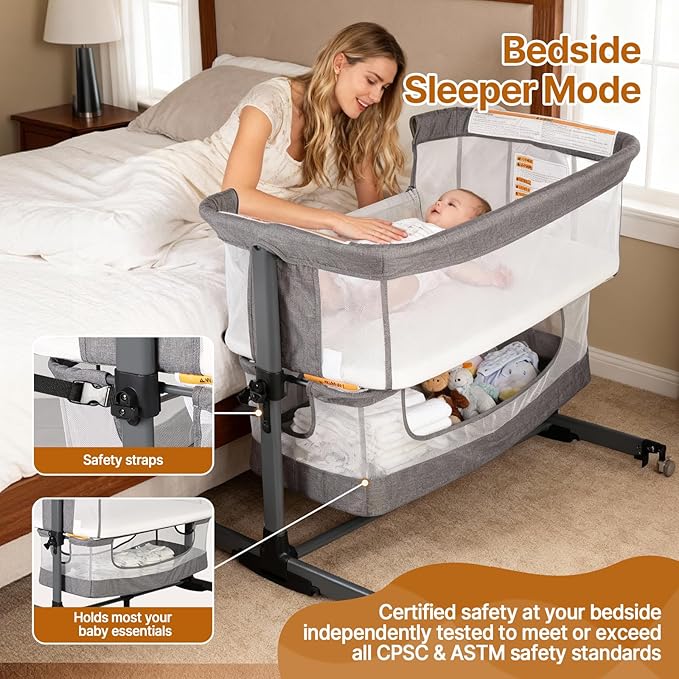 Baby Bassinet Bedside Sleeper, 3-in-1 Bedside Bassinet, 5 Height Adjustable Rocking Baby Crib, Breathable Full Mesh, Mosquito Net, Storage Basket, Stable and Secure Bassinets for Newborn Infant
