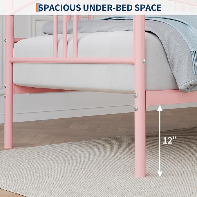 GarveeHome Daybed with Trundle, Sturdy Metal Day Bed with Steel Slat Support, Trundle Bed Twin with Arched Headboard, SofaBed for Living Room, Bedroom and Guest Room, Pink