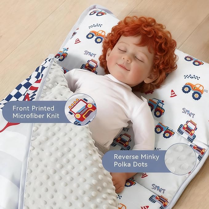 Toddler Nap Mat with Pillow and Minky Blanket 55''x35'' Toddler Sleeping Bag for Daycare, Preschool Travel Camping Mat Nap Mat for Boys and Girls
