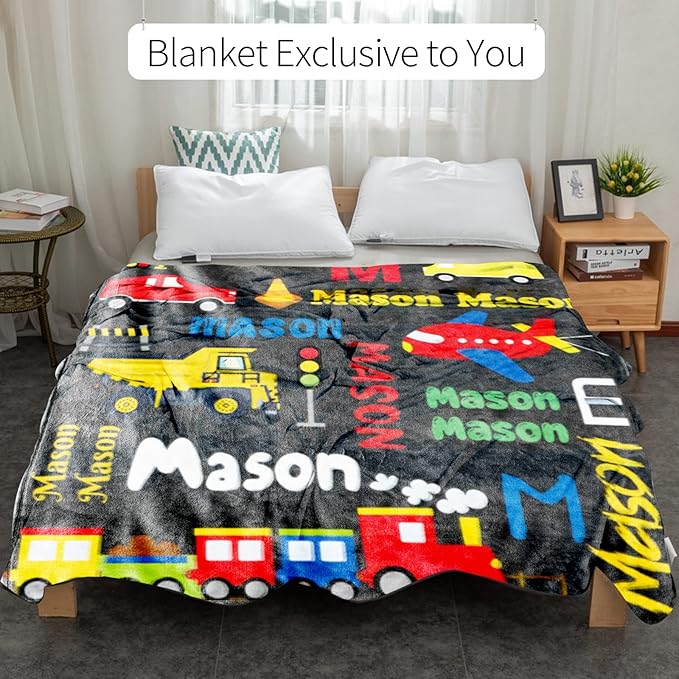 Personalized Blanket with Name for Boys, Custom Name Blanket City Car Transport, Soft Flannel Teen Blankets Customized Gift for Birthday Christmas-50x60in
