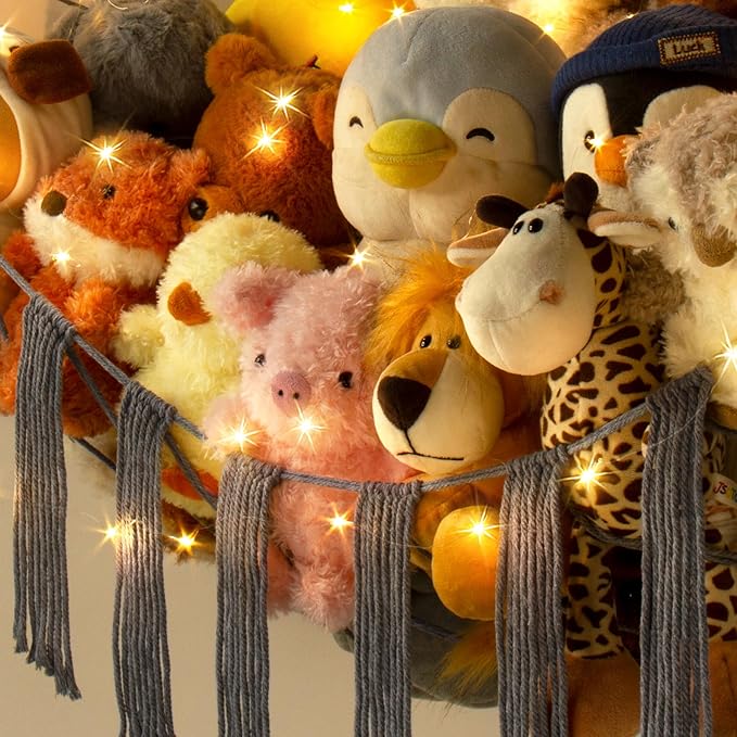 Stuffed Animal Hammock Corner Storage with LED Light - Toy Hammock Large Plushie Net - Stuffed Animal Holder Hanging Organizer - Teddy Bear Hammocks Room Decorations Preppy Toddler Kids Room Decor