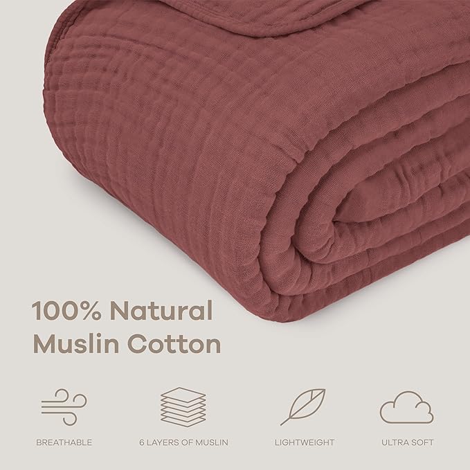 Comfy Cubs Muslin Blanket for Adults Queen 90" x 90" - 6 Layer Soft, Breathable & Lightweight Muslin Adult Blanket - Machine Washable & Designed in The US Bedding for All Seasons - Wine