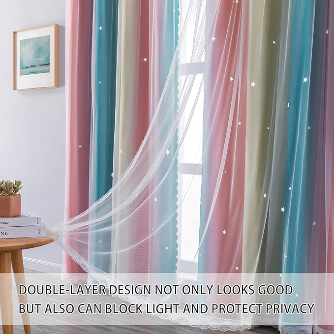 XiDi Pink Blue Yellow 54 Inches Curtains for Girls Bedroom 2 Panels Set, Blackout Rainbow Curtains for Kids Room Decor, Unicorn Wall Decals Drapes for Little Girl Nursery Room 52 Inches Wide