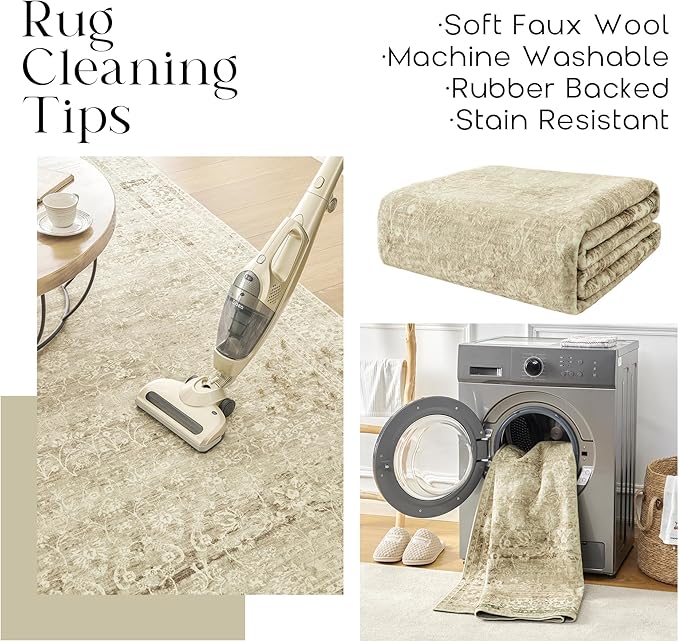 Cream and Light Tan Rug for Bedroom Neutral Boho Farmhouse Floral Washable Soft Faux Wool No Slip Area Rugs for Living Room Home Office,5x8