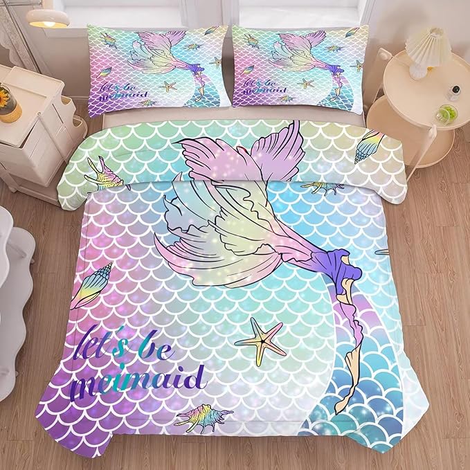 kxry Mermaid Tail Comforter Set Full Size Gradient Fish Scales Sea Bedding Sets for Girls Teens Kids Ocean Starfish Conch Soft Microfiber Lightweight Comforter Set with 1 Comforter + 2 Pillow Cases
