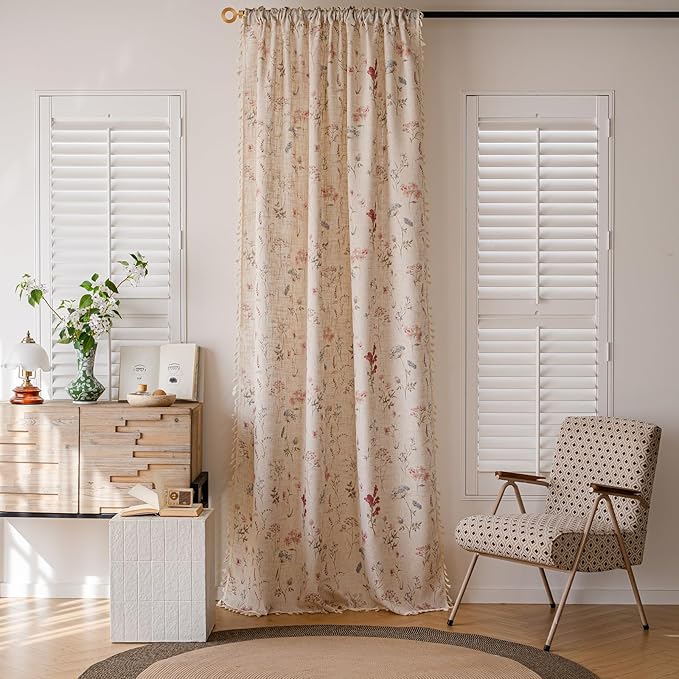 ENJOYBRIDAL Floral 63 Inch Curtains for Bedroom Living Room Drapes Boho 2 Panel Sets Light Filtering Short Window Curtain Panels Patterned Rustic Farmhouse Rod Pocket Semi Sheer Window Treatments