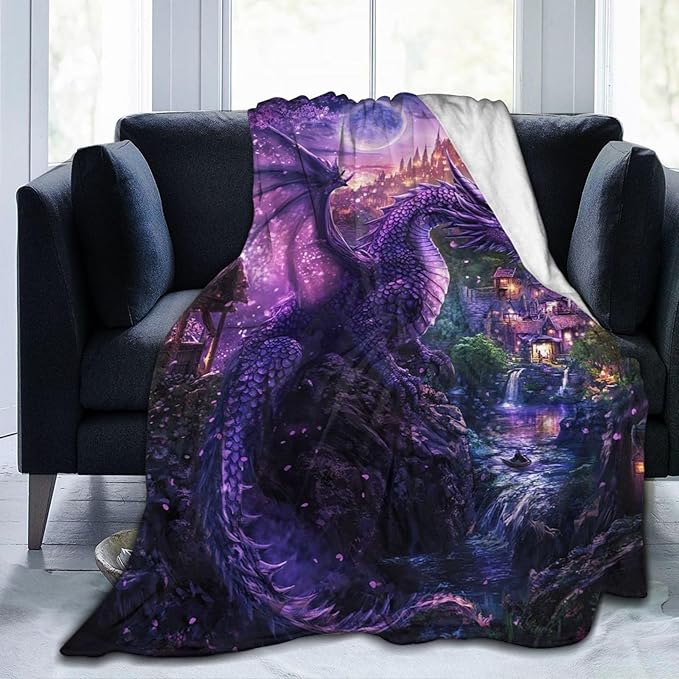 Dragon Blanket Purple Throw Blankets for Girls Boys Soft Warm Cool Mysterious Castle Throws Flannel Fleece Plush Animal Gifts for Kids Men Women Adults for Bed Sofa Bedding Decor 50"x40"