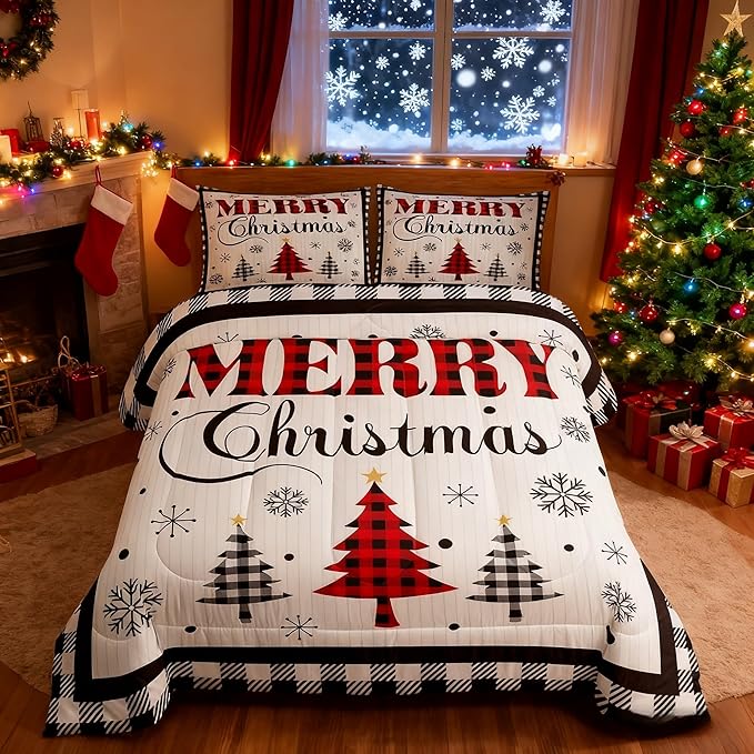 Merry Christmas New Year Kids Comforter Set Twin Size,Snowflake Pine Trees Bedding,Girls Boys Adults Bedroom/Xmas Cabin Decor,Grids Geometric Fashion Down Comforter,Rustic Duvet Insert,1 Pillowcase