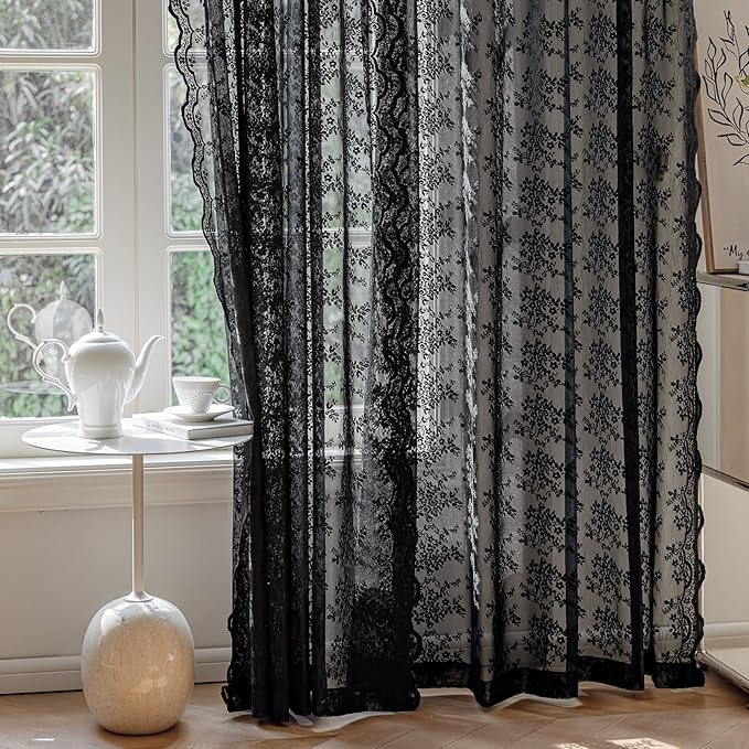 Anmao Vintage Lace Curtains 63 Inches Long 2 Panels Set, Romantic Elegant Light Filtering Semi Sheer Floral Thick Lacy Curtain Drapes for Living Room and Bedroom, Each Panel 55W x 63L, Black