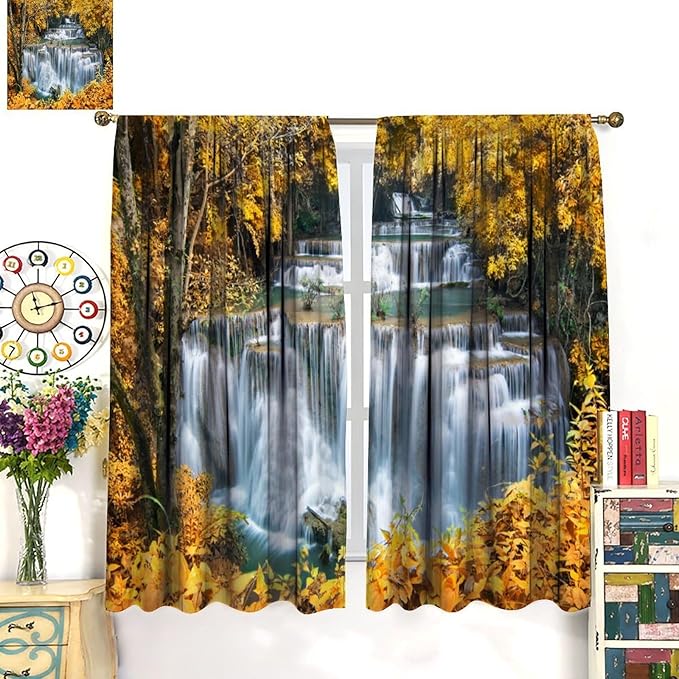 Waterfall Blackout Curtain, Autumn Season Trees Leaves Natural Landscape Window Drapes, for Bedroom Living Room 84" W X 84" L