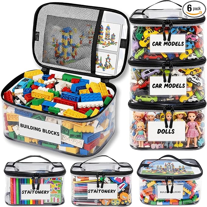 6 Pack Extra Large Clear Toy Storage Bags with Tag and Manual Pocket – Versatile Waterproof Organizer Bags for Lego Bricks, Board Games, Building Blocks, Puzzles, Dolls, Books (XX-Large Size, Black)
