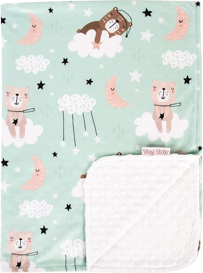 Top Tots Deluxe Minky Baby Blanket - Sleeping Bears on Clouds, 40 x 29 Inch White