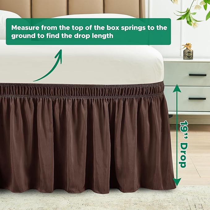 Biscaynebay Wrap Around Bed Skirts for King & Cal King Beds 19" Long Drop, Brown Adjustable Elastic Dust Ruffles Easy Fit Wrinkle & Fade Resistant Silky Luxurious Fabric Solid Machine Washable