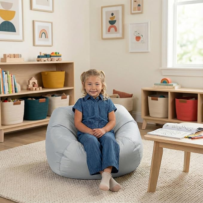 Big Joe Classic Bean Bag Chair for Kids Bedroom and Reading Nook, Easy-Clean Gray, Durable Nylon Polyester Blend, 2 feet Refillable