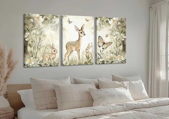 3Pcs Woodland Animal Nursery Canvas Wall Art Cute Forest Animal Wall Decor Pictures Deer and Butterfly Wildflowers Posters Prints for Nursery Bedroom Kids Room Home Decoration Prepare to Hang 16x24in