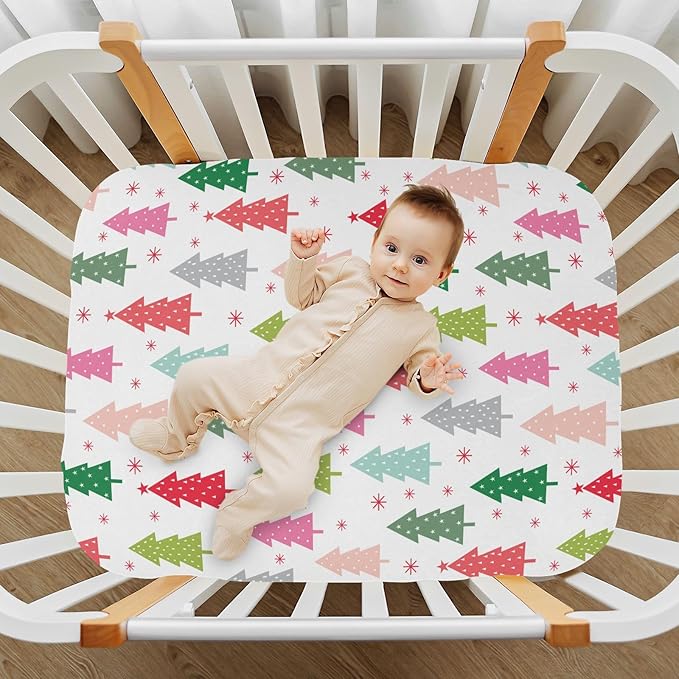 Colorful Christmas Tree Crib Sheets Soft Breathable Fitted Baby Playard Sheets Mattress Cover for Girl Boys, 39" x 27" x 5"