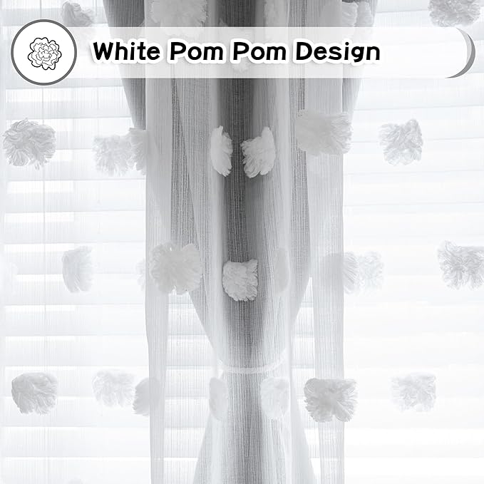 MYSKY HOME Living Room Curtains, 84 Inch Long Grey Blackout Curtains with Pom Pom Trim, Double Layer Sheer Drapes for Kids Room, W52 x L84