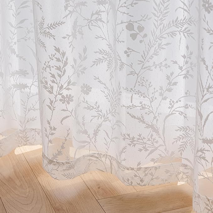 Anmao Vintage Lace Curtains 63 Inches Long 2 Panels Set, Romantic Elegant Light Filtering Semi Sheer Floral Thick Lacy Curtain Drapes for Living Room and Bedroom, Each Panel 55W x 63L, White Leaves