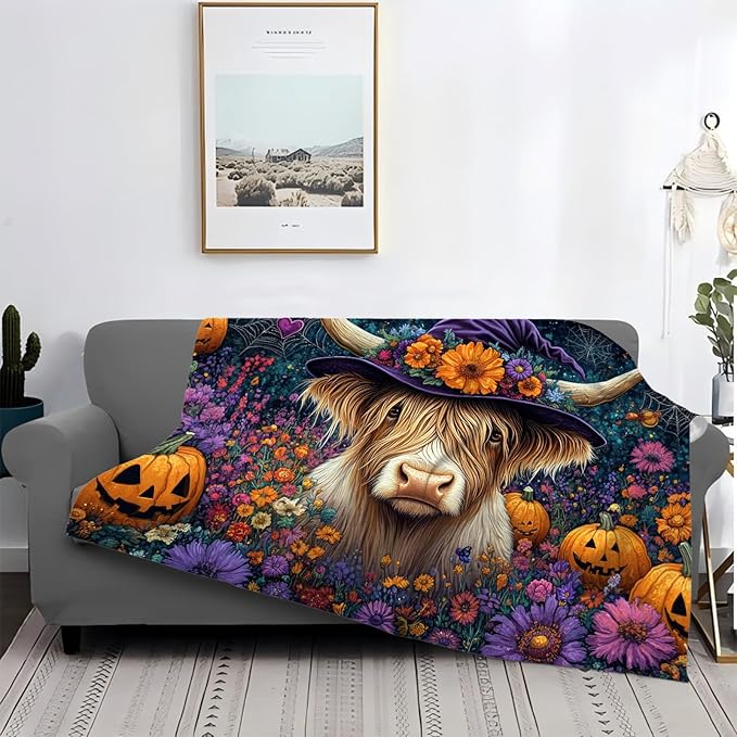Tijuboni Highland Cow Pumpkin Throw Blanket for Girls Boys Women Men Kids Adults Soft Flannel Fleece Blanket for Couch Sofa Bed Home Decor 50"x60"