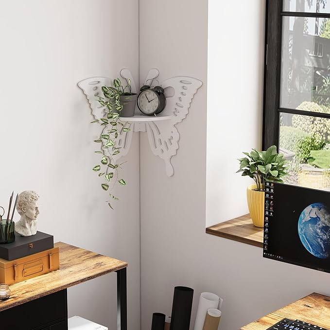Butterfly Corner Shelf Nursery Wall Deor Floating Corner Shelf for Kid’s Room, Small Cute Decorative Shelf Wall Mounted, White Hanging Hollow Out Shelf for Toys, Plants and Decorations Storage, White