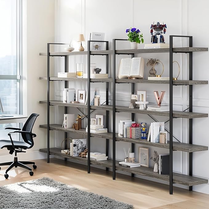 Bookcase, 47 Inch Wide Wood Bookshelf, 120lbs Shelf Capacity Estante, Rustic Open Shelving Industrial Display with Reinforced Horizontal Shelves for Living Room Bedroom Office (5 Tier - Grey)