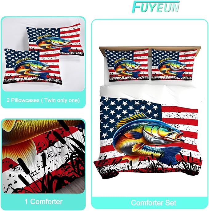 Bass Fish Comforter Set Twin Size Fisherman American Flag Bedding Set for Men Boys Teens Fishing Lover Bedroom Farmhouse Bed Set Wild Quilted,1 Comforter 1 Pillowcase