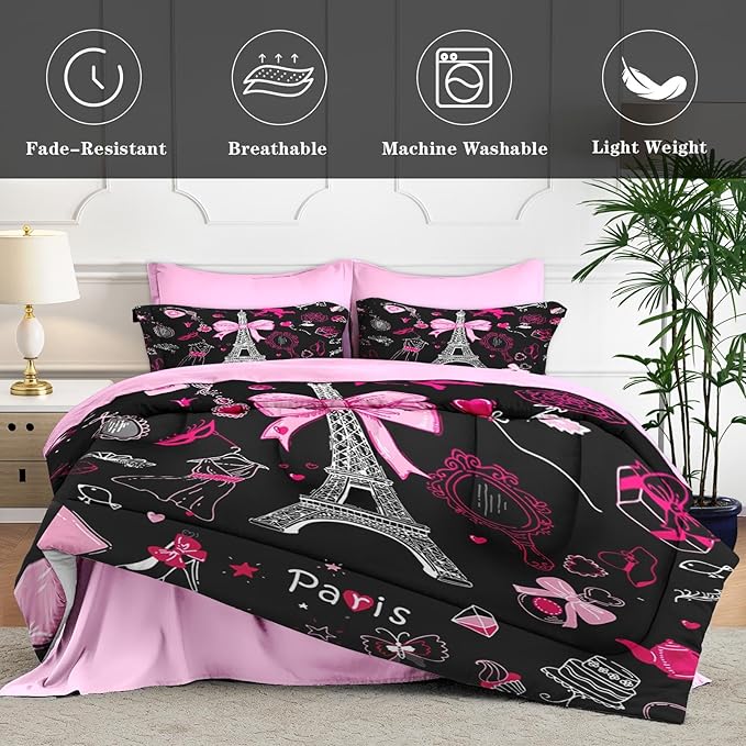 5 Pcs Twin Size Comforter Set with Pillowcase & Sham, Paris Eiffel Tower Bedding for Kids and Adults, Cute Pink Makeup Fashion Dress Bed in a Bag with Flat Fitted Sheet