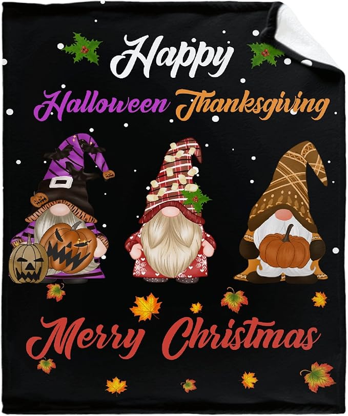 Thuswarm Happy Halloween Thanksgiving Christmas Flannel Throw Blanket Soft Warm Gnomes Print Blankets for Bed Couch Sofa Room Decoration Gifts 80”×60” Large for Adult